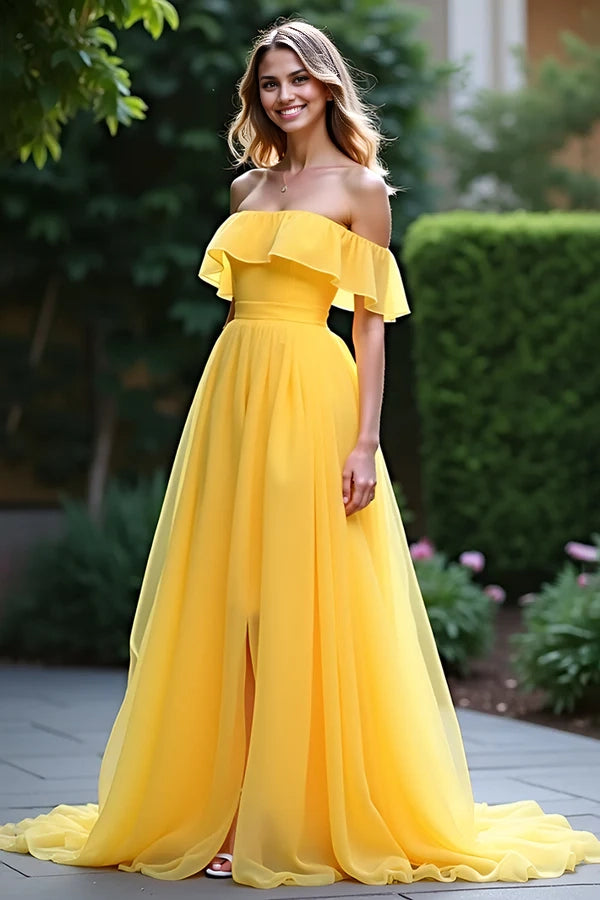 Yellow A Line Off The Shoulder Ruffled Long Prom Dress With Slit simple gentle atmospheric and unique desi Bring summer colors to enhance whiteness