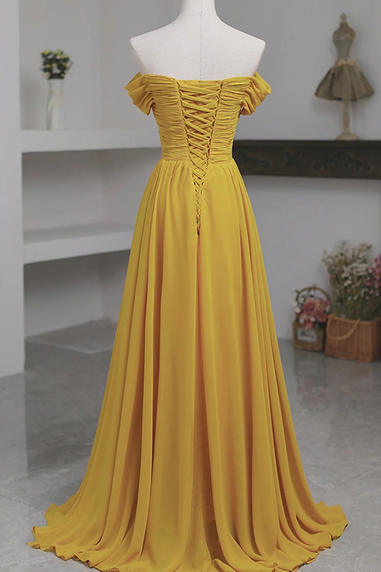 Yellow Chiffon Long A-Line Prom Dress, Simple Yellow Evening Dress with Slit simple gentle atmospheric and unique desi Bring summer colors to enhance white
