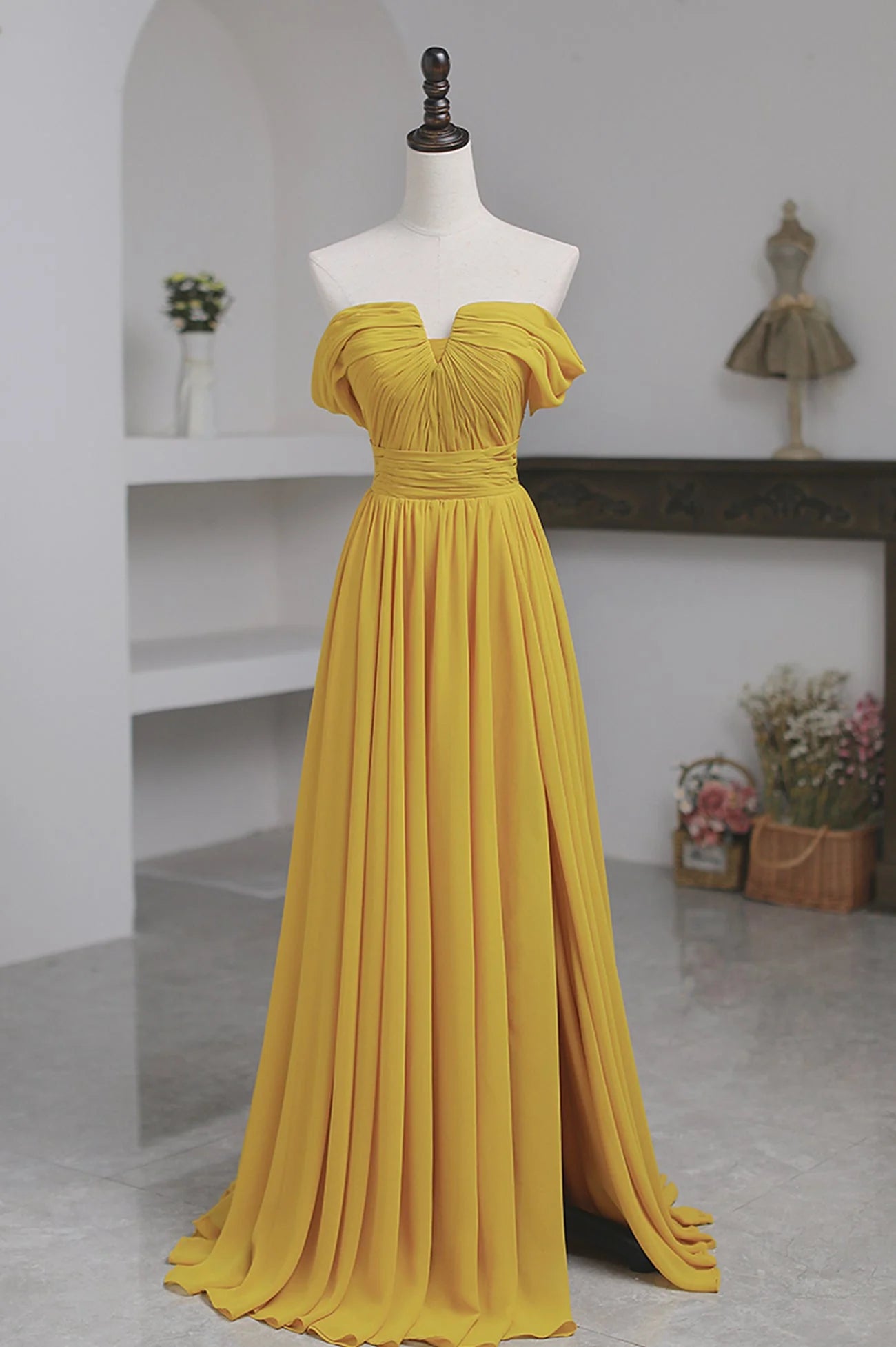 Yellow Chiffon Long A-Line Prom Dress, Simple Yellow Evening Dress with Slit simple gentle atmospheric and unique desi Bring summer colors to enhance white