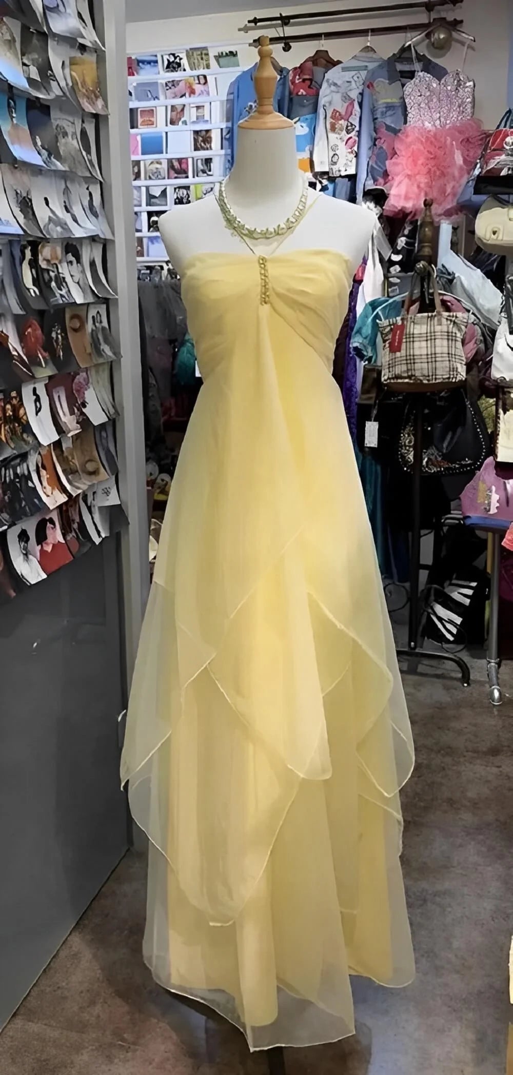 Yellow Chiffon Maxi Dress Strapless Ruffled Formal Dresses simple gentle atmospheric and unique desi Bring summer colors to enhance whiteness