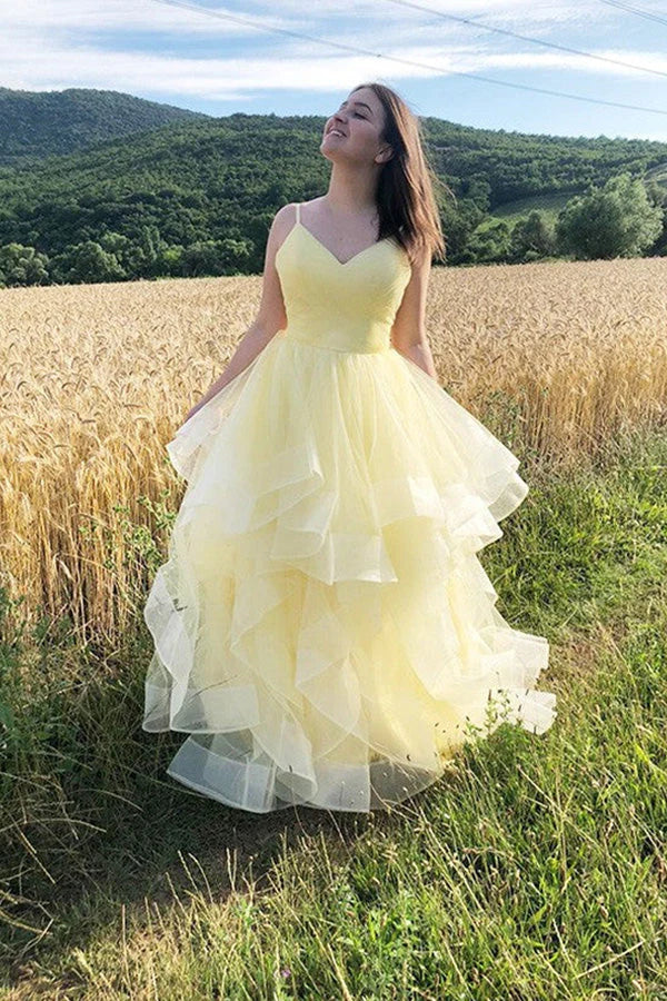 Yellow Layered Tulle Long Prom Dress V Neck Party Dress  simple gentle atmospheric and unique desi Bring summer colors to enhance whiteness