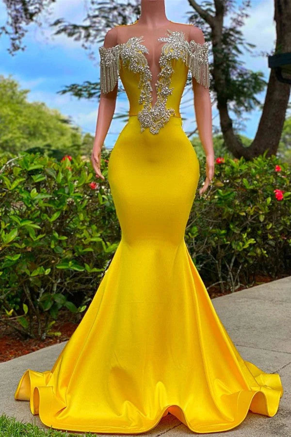 Yellow Off-the-Shoulder Prom Dress Mermaid With Appliques Tassels Simple gentle atmospheric and unique design  ﻿