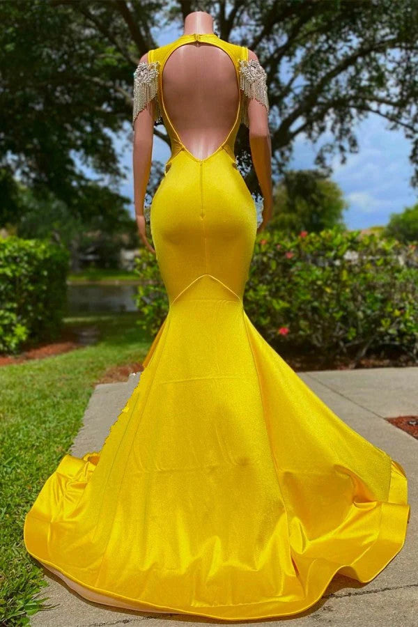 Yellow Off-the-Shoulder Prom Dress Mermaid With Appliques Tassels Simple gentle atmospheric and unique design  ﻿