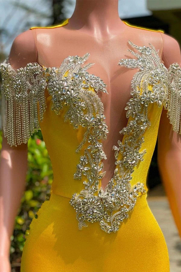Yellow Off-the-Shoulder Prom Dress Mermaid With Appliques Tassels Simple gentle atmospheric and unique design  ﻿