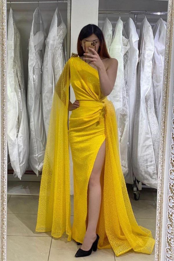 Yellow One Shoulder Prom Dress Mermaid Split With Ruffle Simple gentle atmospheric and unique design