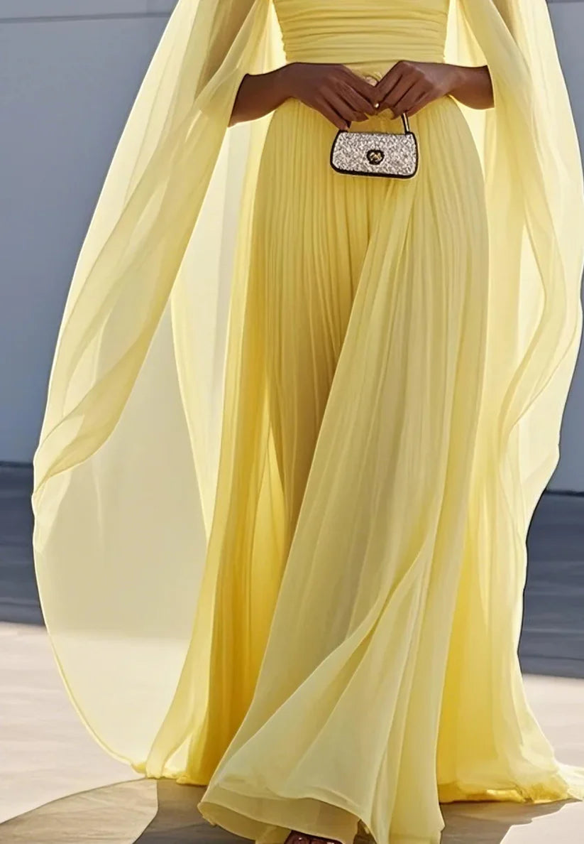 Yellow Pleated Chiffon Dress Square Neck Long Sleeve A-Line Gown simple gentle atmospheric and unique desi Bring summer colors to enhance whiteness