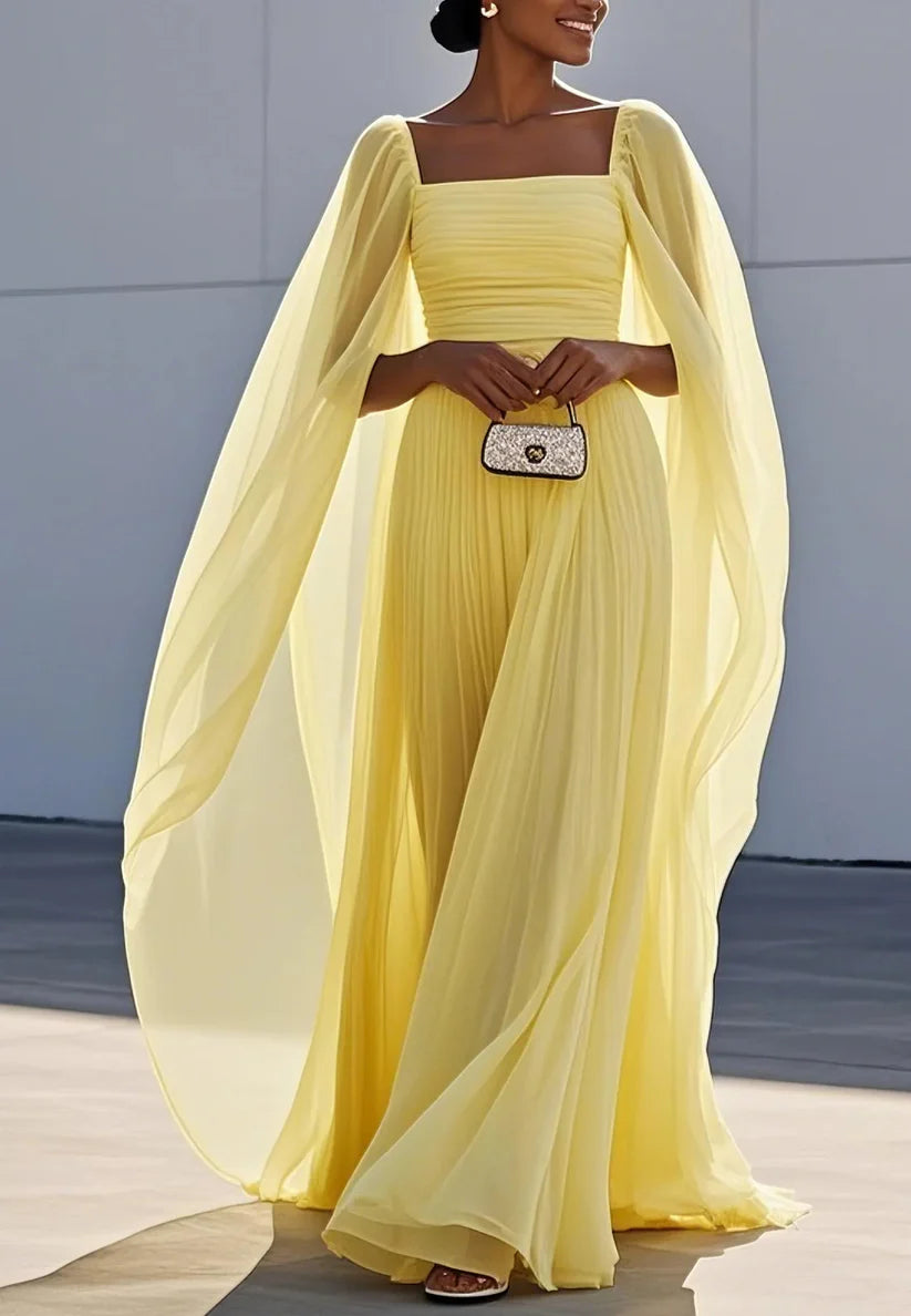 Yellow Pleated Chiffon Dress Square Neck Long Sleeve A-Line Gown simple gentle atmospheric and unique desi Bring summer colors to enhance whiteness