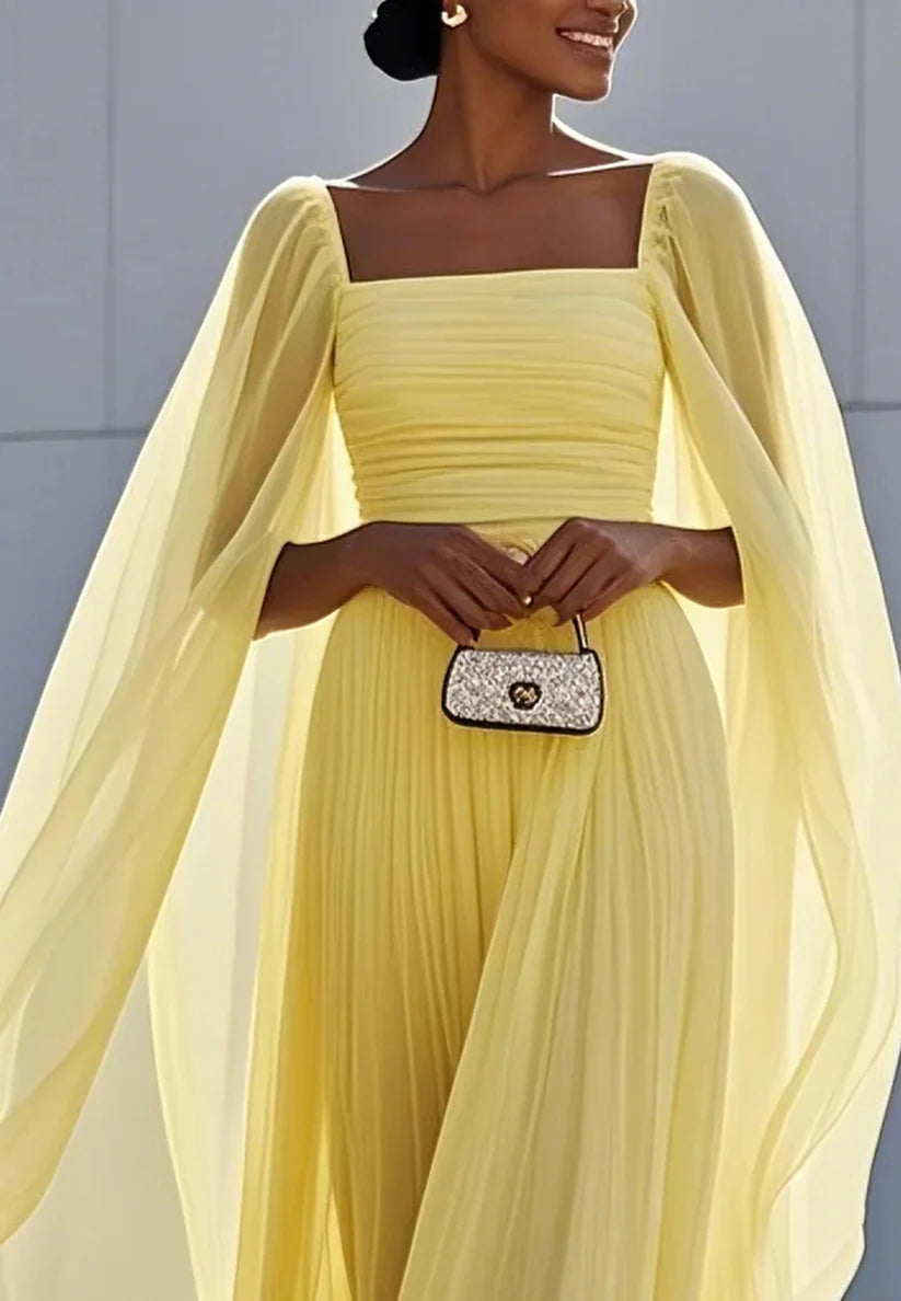 Yellow Pleated Chiffon Dress Square Neck Long Sleeve A-Line Gown simple gentle atmospheric and unique desi Bring summer colors to enhance whiteness