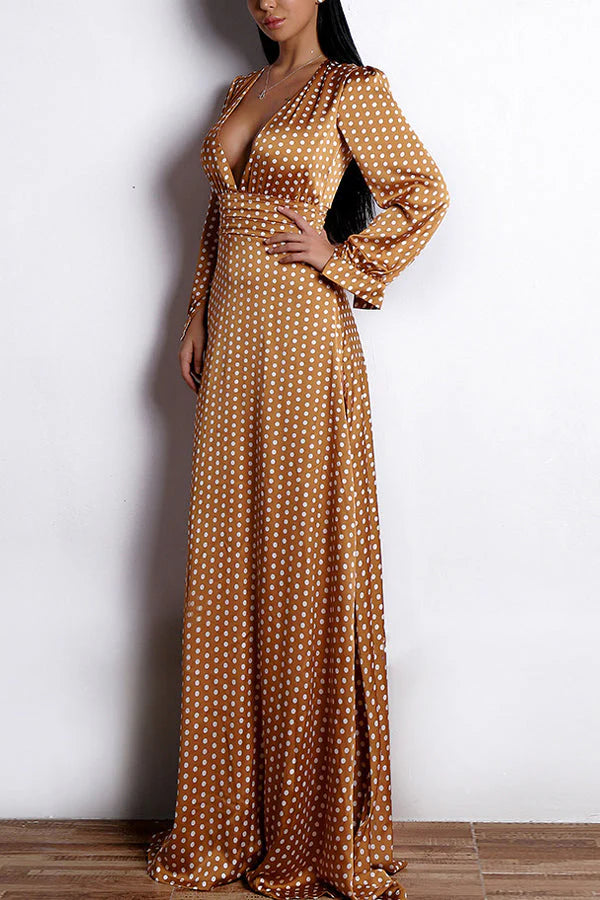 Yellow Polka Dots Long Sleeves Bohemian Dress Simple gentle atmospheric and unique design