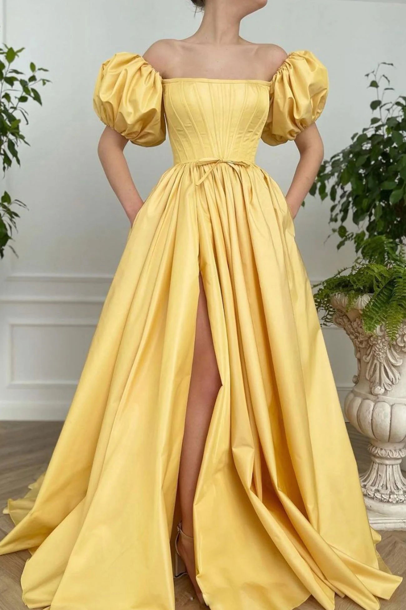 Yellow Satin Long A-Line Prom Dress Cute Short Sleeve Evening Dress with Slit simple gentle atmospheric and unique desi Bring summer colors to enhance whitenes