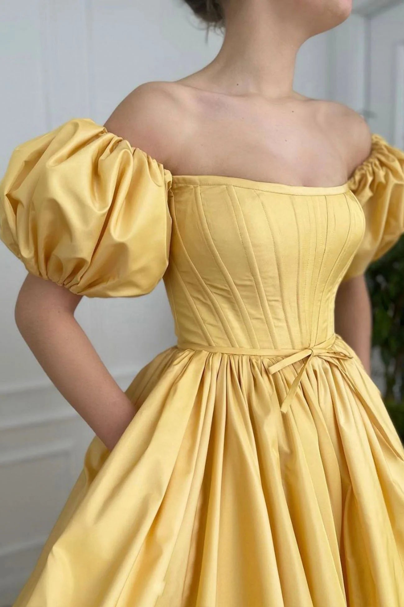 Yellow Satin Long A-Line Prom Dress Cute Short Sleeve Evening Dress with Slit simple gentle atmospheric and unique desi Bring summer colors to enhance whitenes