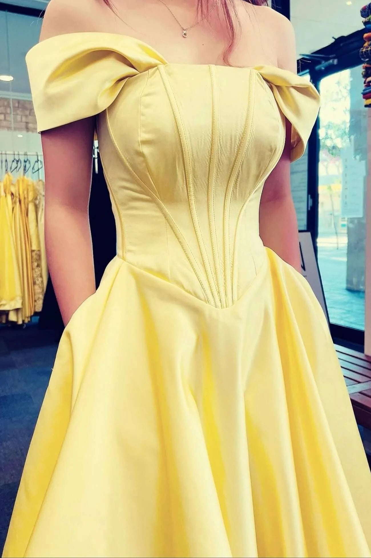 Yellow Satin Long Prom Dress Off Shoulder A-line Evening Dresses with Pockets simple gentle atmospheric and unique desi Bring summer colors to enhance whiteness