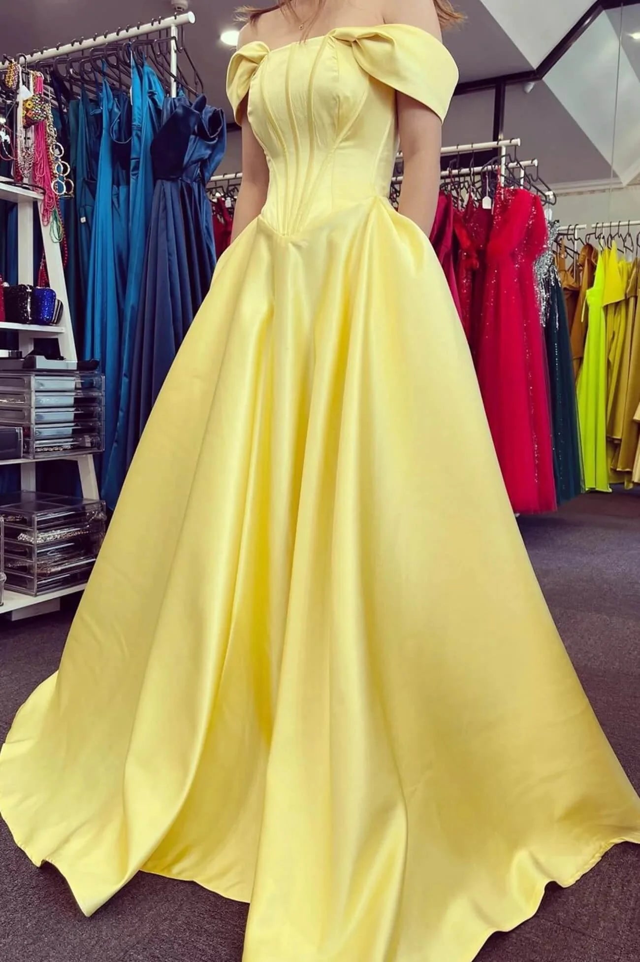 Yellow Satin Long Prom Dress Off Shoulder A-line Evening Dresses with Pockets simple gentle atmospheric and unique desi Bring summer colors to enhance whiteness