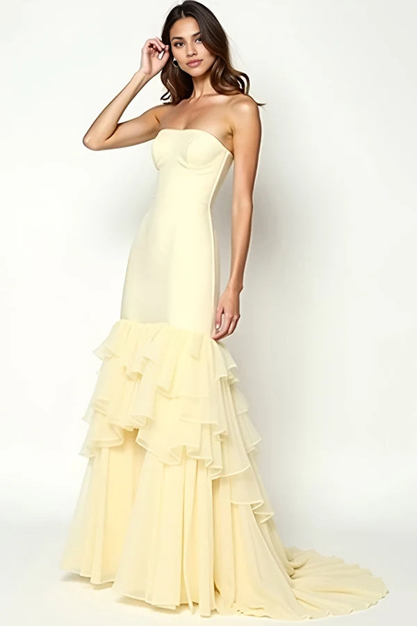 Yellow Sheath Strapless Ruffled Tiered Prom Dress simple gentle atmospheric and unique desi Bring summer colors to enhance whiteness