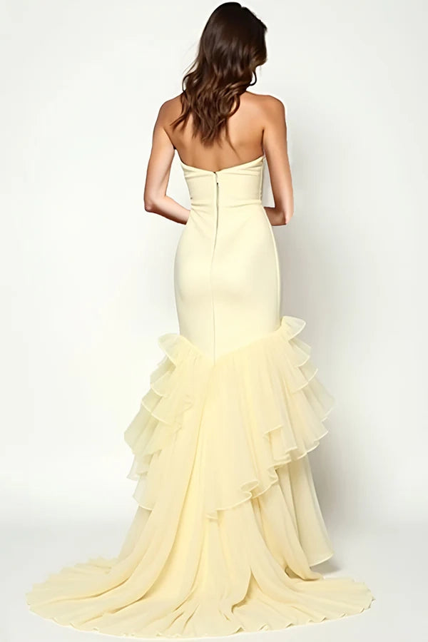 Yellow Sheath Strapless Ruffled Tiered Prom Dress simple gentle atmospheric and unique desi Bring summer colors to enhance whiteness