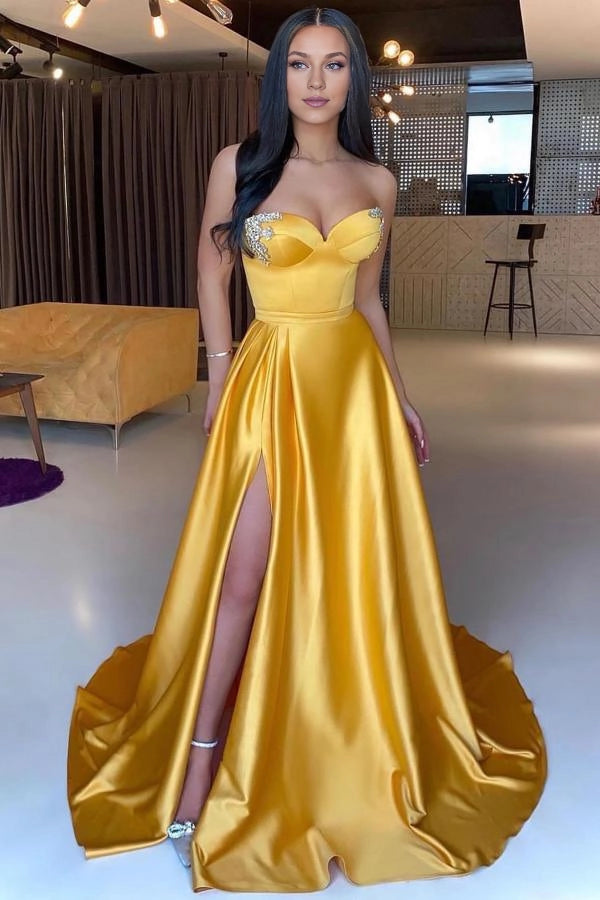 Yellow Sweetheart Prom Dresses Long Slit With Crystal Simple gentle atmospheric and unique design