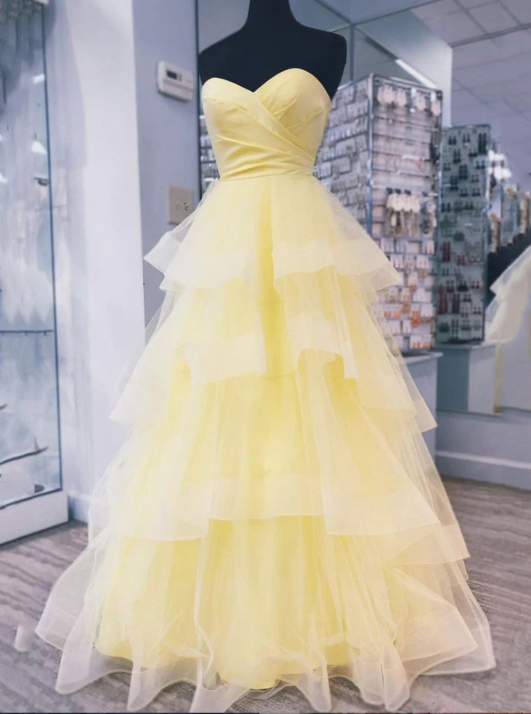 Yellow Sweetheart Tulle Long Prom Dress With Layered Graduation Gown simple gentle atmospheric and unique desi Bring summer colors to enhance whiteness
