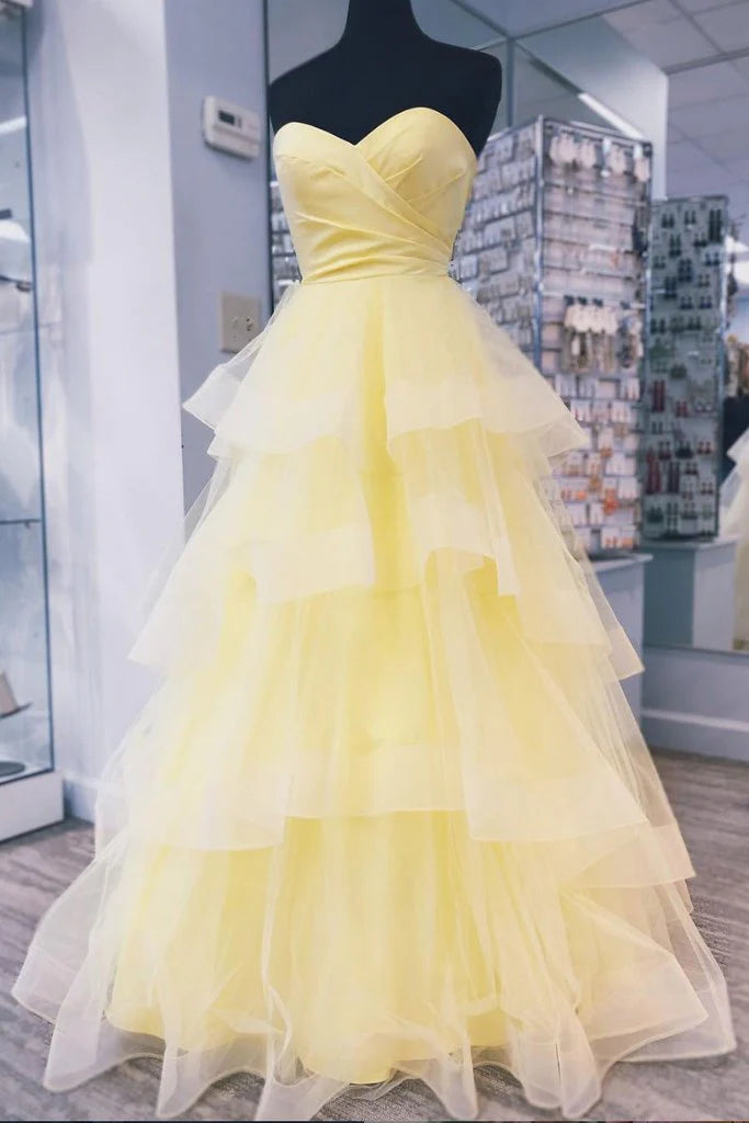Yellow Sweetheart Tulle Long Prom Dress With Layered Graduation Gown simple gentle atmospheric and unique desi Bring summer colors to enhance whiteness