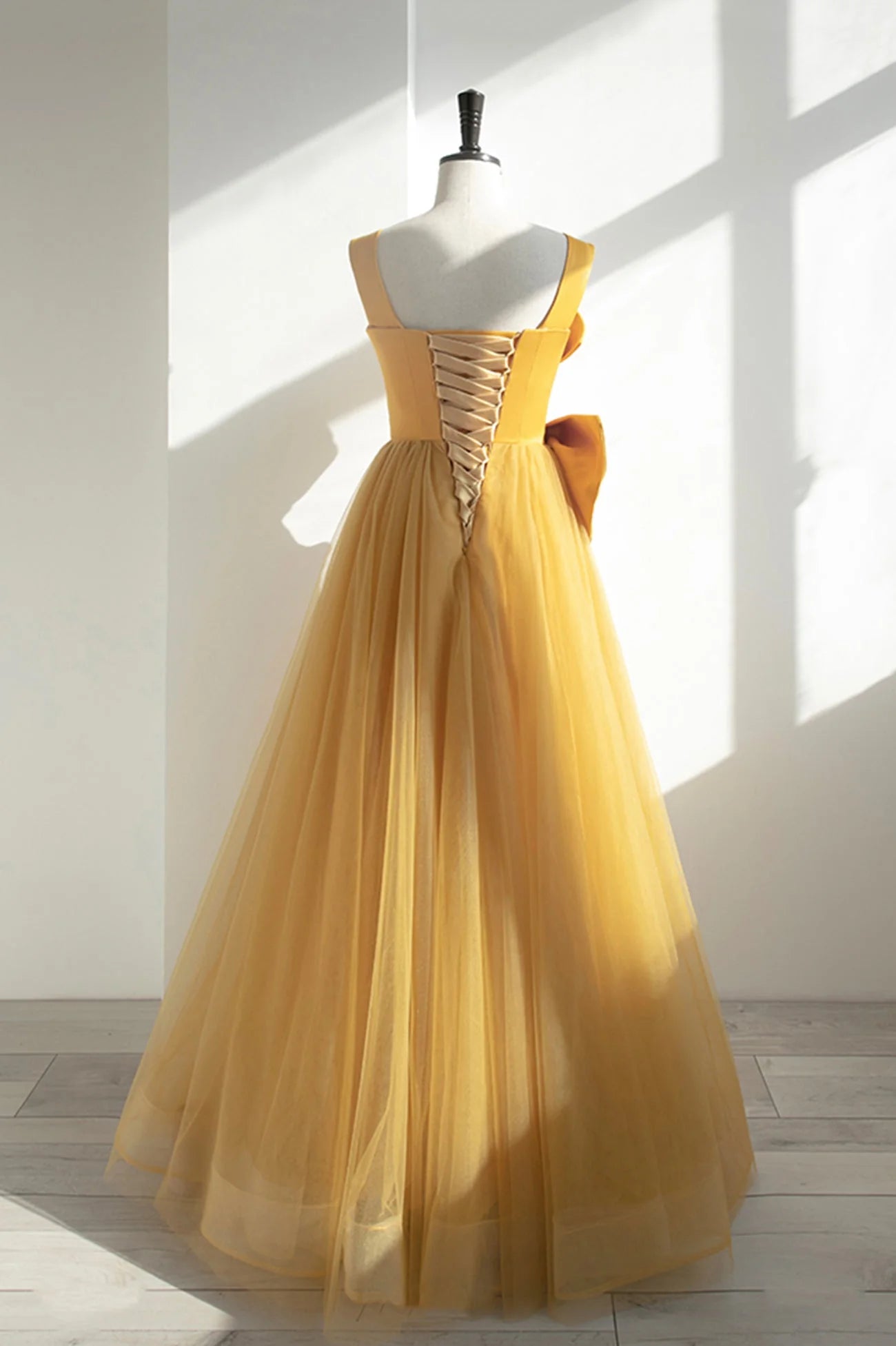 Yellow Tulle Long A-Line Prom Dress Cute Evening Dress with Bow simple gentle atmospheric and unique desi Bring summer colors to enhance whitenes