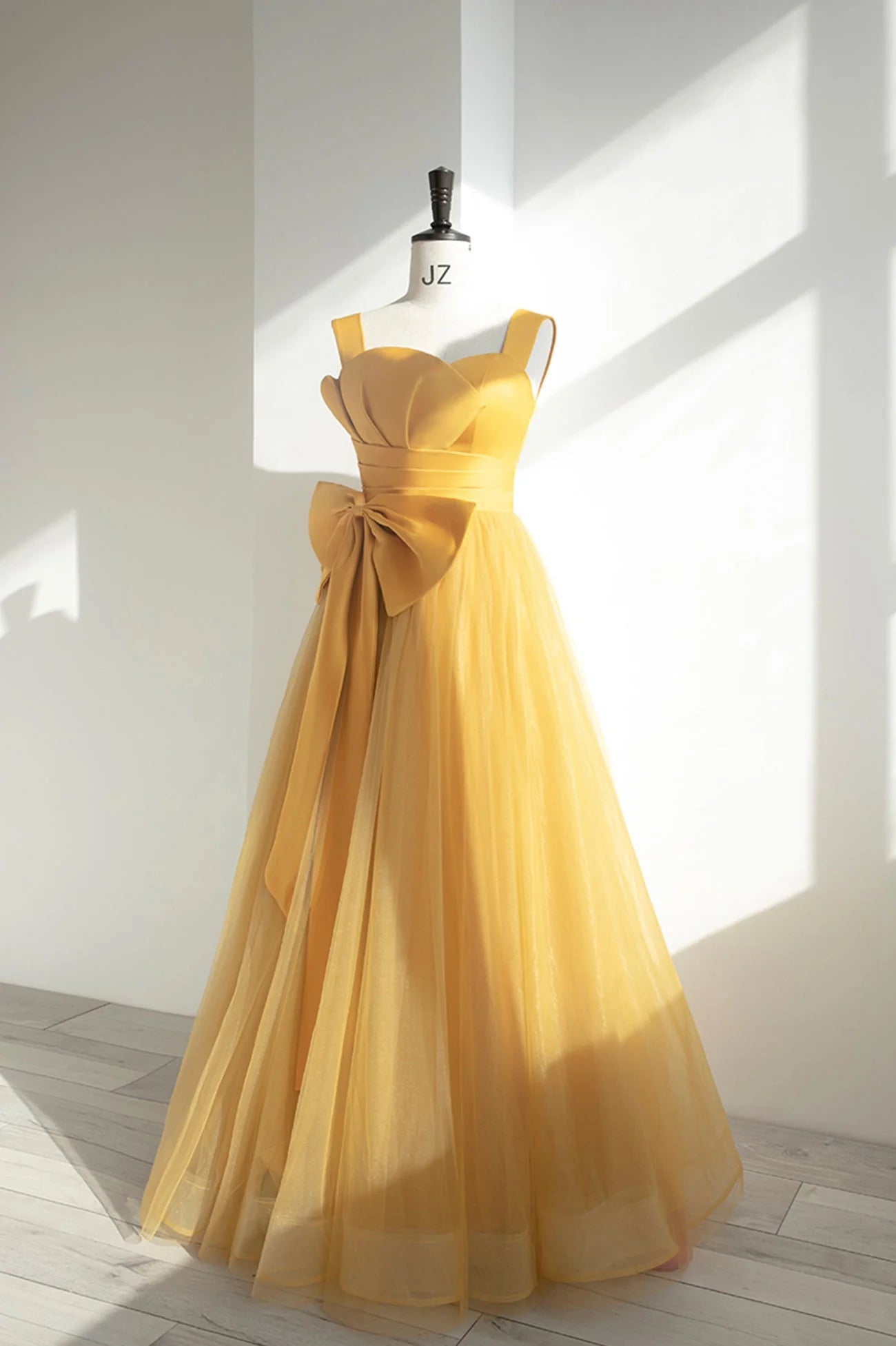 Yellow Tulle Long A-Line Prom Dress Cute Evening Dress with Bow simple gentle atmospheric and unique desi Bring summer colors to enhance whitenes