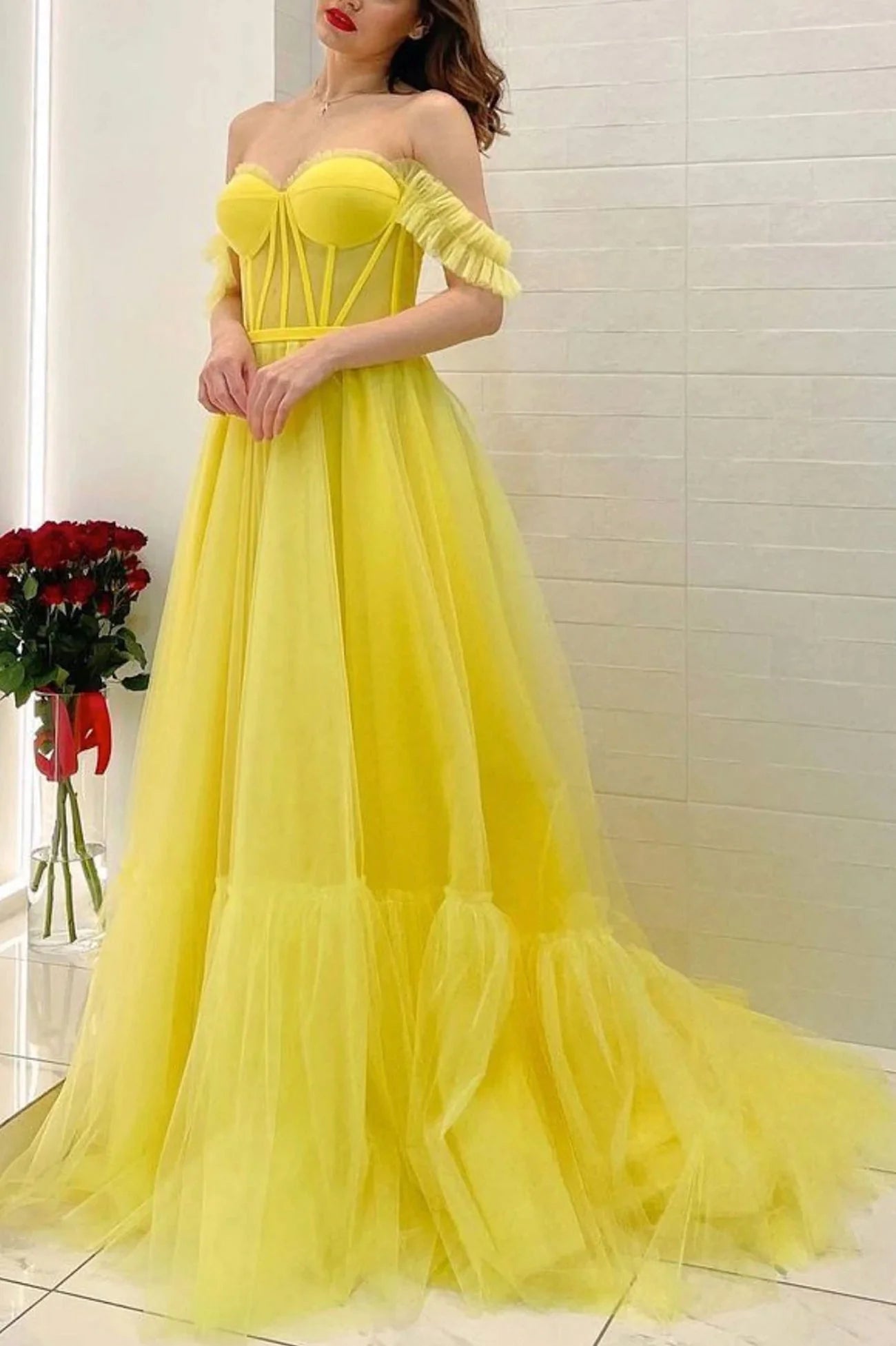 Yellow Tulle Long A-Line Prom Dress Off the Shoulder Evening Party Dress simple gentle atmospheric and unique desi Bring summer colors to enhance whitenes