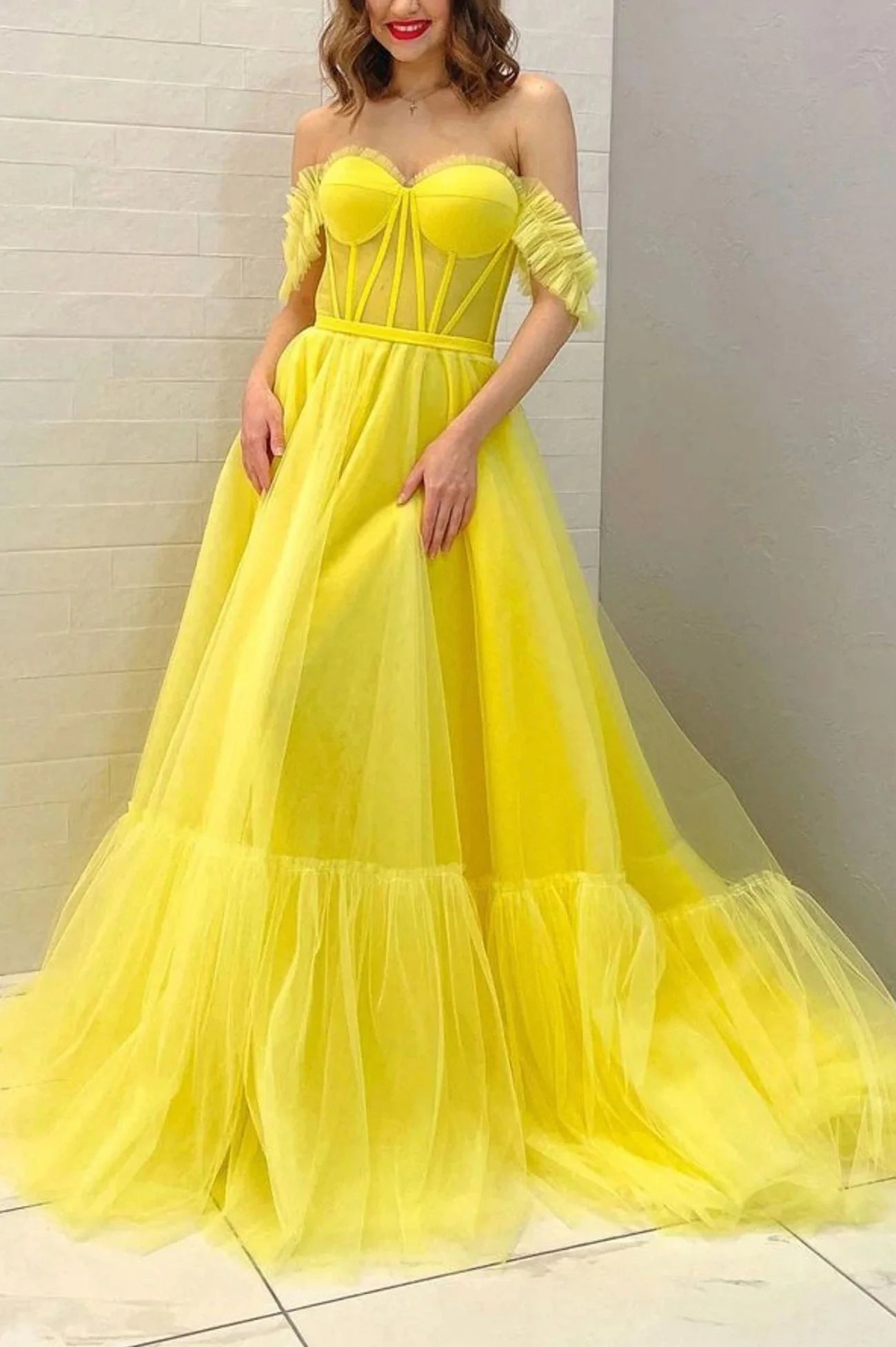 Yellow Tulle Long A-Line Prom Dress Off the Shoulder Evening Party Dress simple gentle atmospheric and unique desi Bring summer colors to enhance whitenes