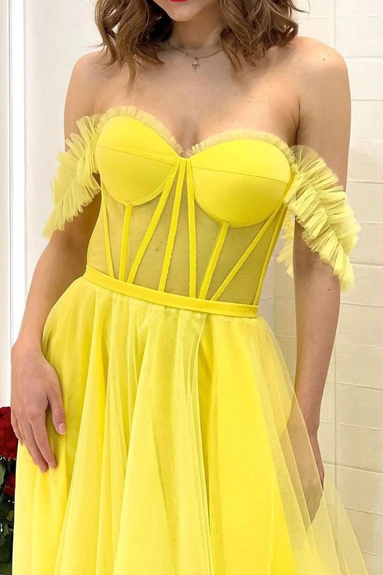 Yellow Tulle Long A-Line Prom Dress Off the Shoulder Evening Party Dress simple gentle atmospheric and unique desi Bring summer colors to enhance whitenes