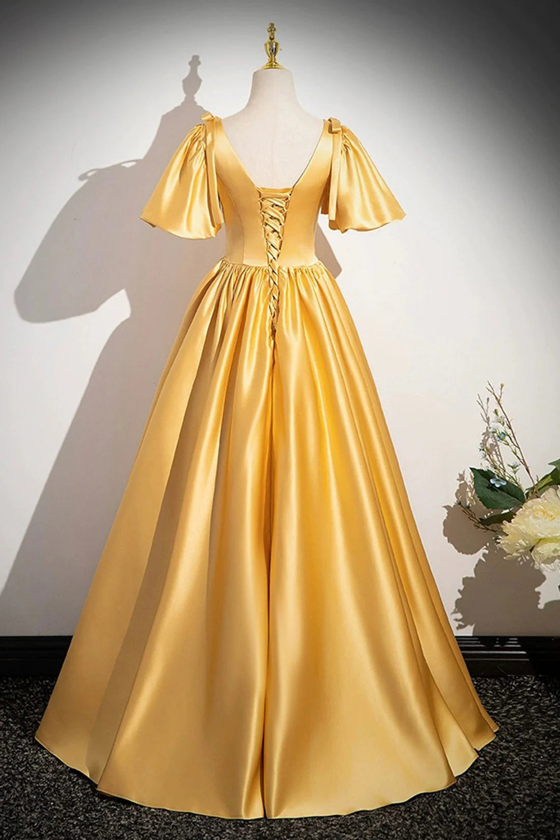 Yellow V-Neck Satin Long Prom Dress Yellow A-Line Short Sleeve Evening Dress simple gentle atmospheric and unique desi Bring summer colors to enhance white