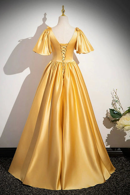 Yellow V-Neck Satin Long Prom Dress Yellow A-Line Short Sleeve Evening Dress simple gentle atmospheric and unique desi Bring summer colors to enhance white