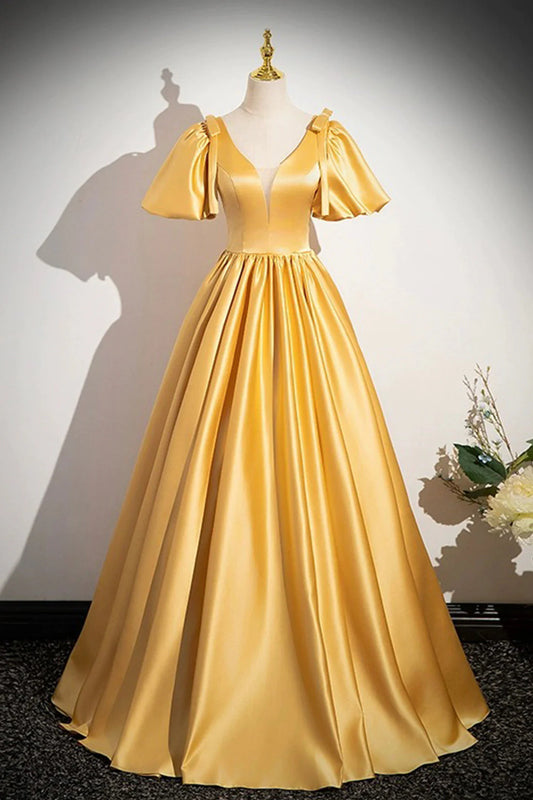 Yellow V-Neck Satin Long Prom Dress Yellow A-Line Short Sleeve Evening Dress simple gentle atmospheric and unique desi Bring summer colors to enhance white