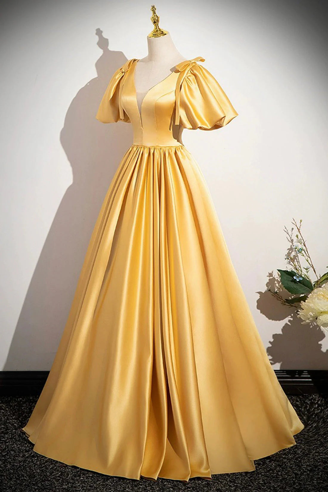 Yellow V-Neck Satin Long Prom Dress Yellow A-Line Short Sleeve Evening Dress simple gentle atmospheric and unique desi Bring summer colors to enhance white