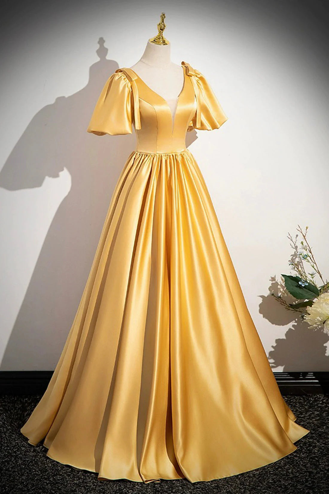 Yellow V-Neck Satin Long Prom Dress Yellow A-Line Short Sleeve Evening Dress simple gentle atmospheric and unique desi Bring summer colors to enhance white
