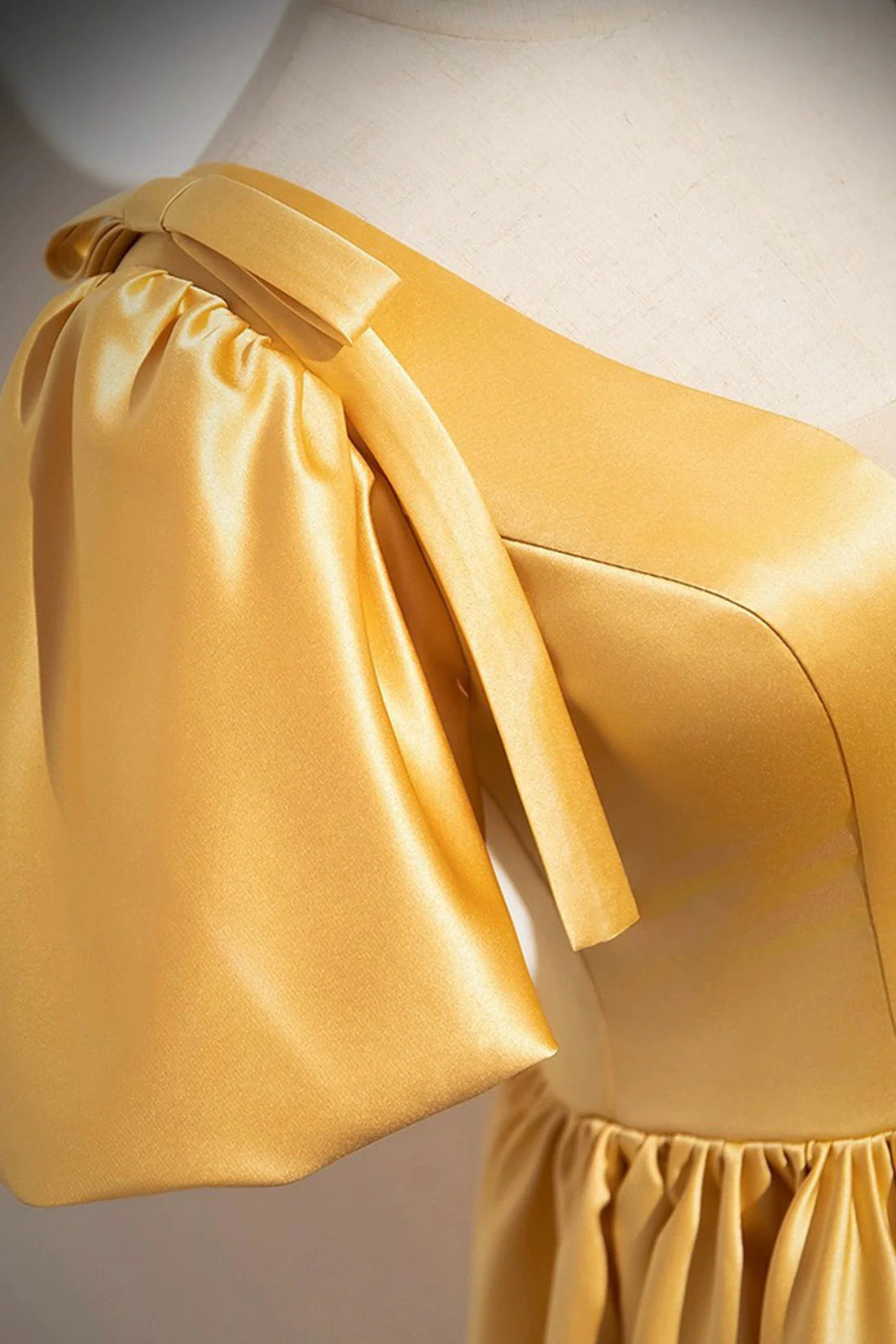 Yellow V-Neck Satin Long Prom Dress Yellow A-Line Short Sleeve Evening Dress simple gentle atmospheric and unique desi Bring summer colors to enhance white