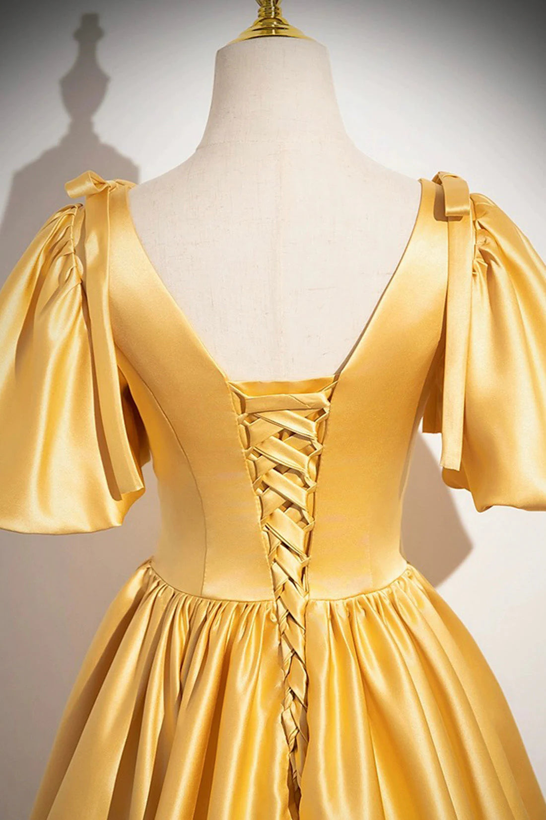 Yellow V-Neck Satin Long Prom Dress Yellow A-Line Short Sleeve Evening Dress simple gentle atmospheric and unique desi Bring summer colors to enhance white