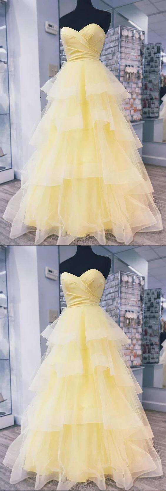 Yellow dress with strapless cross design and mesh skirt suitable for occasions such as dinners and dances