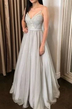 elegant silver long prom dress 2020 with spaghetti straps simple gentle atmospheric and unique desi Bring summer colors to enhance whiteness