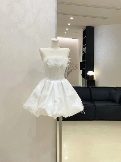 feather beautiful princess homecoming dress short satin ball gown evening dress simple gentle atmospheric and unique desi Bring summer colors to enhance whiteness