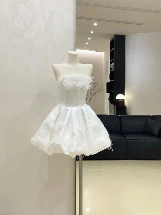 feather beautiful princess homecoming dress short satin ball gown evening dress simple gentle atmospheric and unique desi Bring summer colors to enhance whiteness