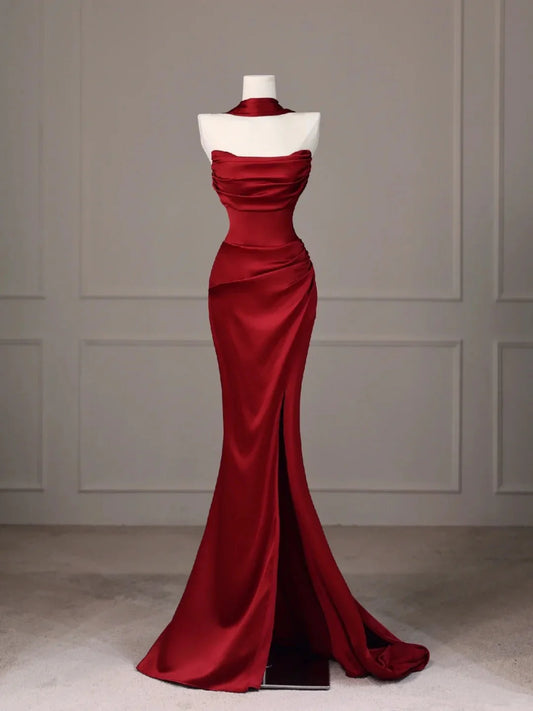 fishtail backless long floor-length satin ball gown evening dress simple gentle atmospheric and unique desi Bring summer colors to enhance whiteness