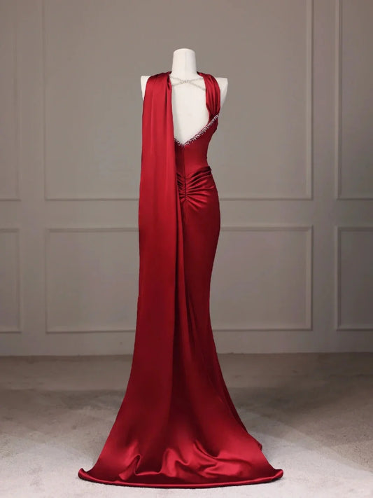 fishtail backless long floor-length satin ball gown evening dress simple gentle atmospheric and unique desi Bring summer colors to enhance whiteness