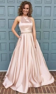 halter neck long satin pink prom dress,ball gowns prom dress satin gowns long prom dresses   simple gentle atmospheric and unique desi Bring summer colors to enhance whiteness