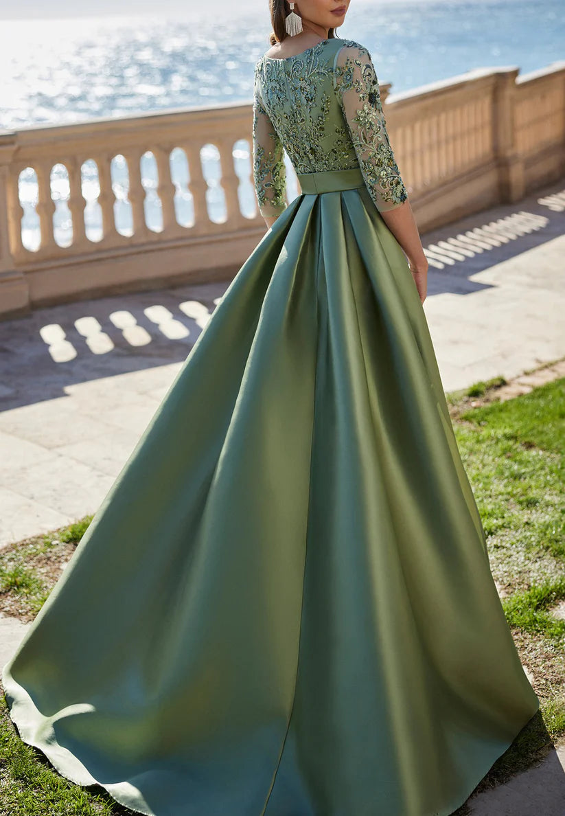 Scoop Long Sleeves Appliques Satin Sheath Mother of Bride Dress simple gentle atmospheric and unique desi Bring summer colors to enhance whiteness