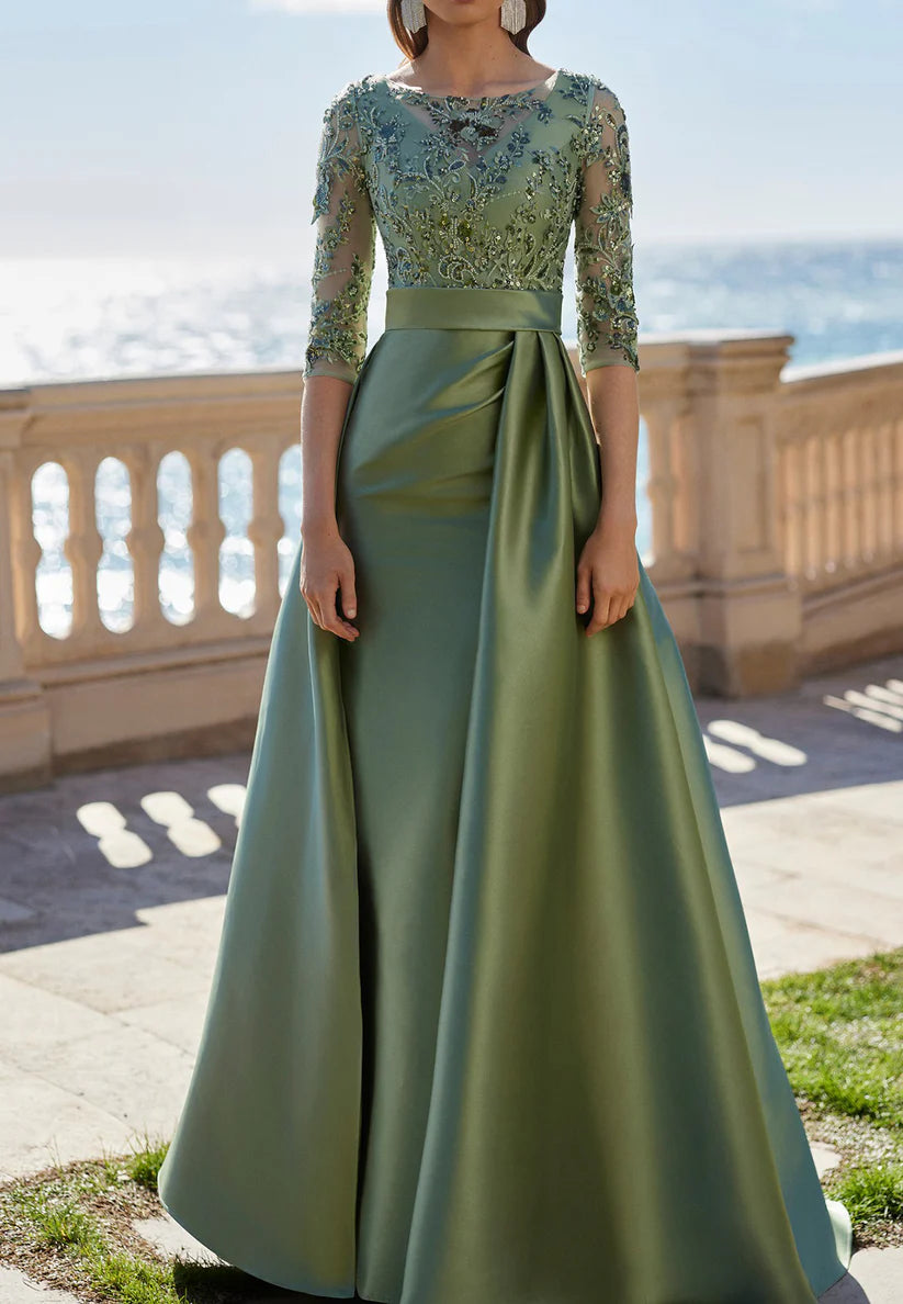 Scoop Long Sleeves Appliques Satin Sheath Mother of Bride Dress simple gentle atmospheric and unique desi Bring summer colors to enhance whiteness