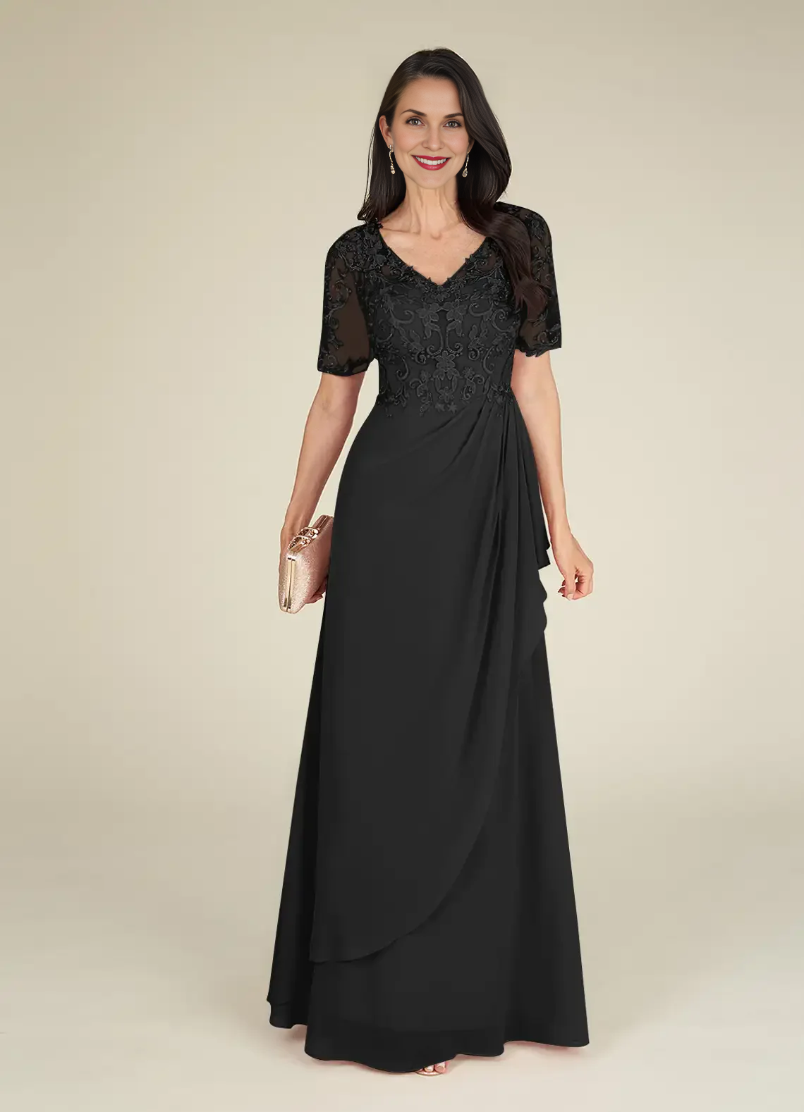 Refined Sheath V Neck Short Lace Sleeve Ruched Back Floor Length Mother of the Bride Dress
