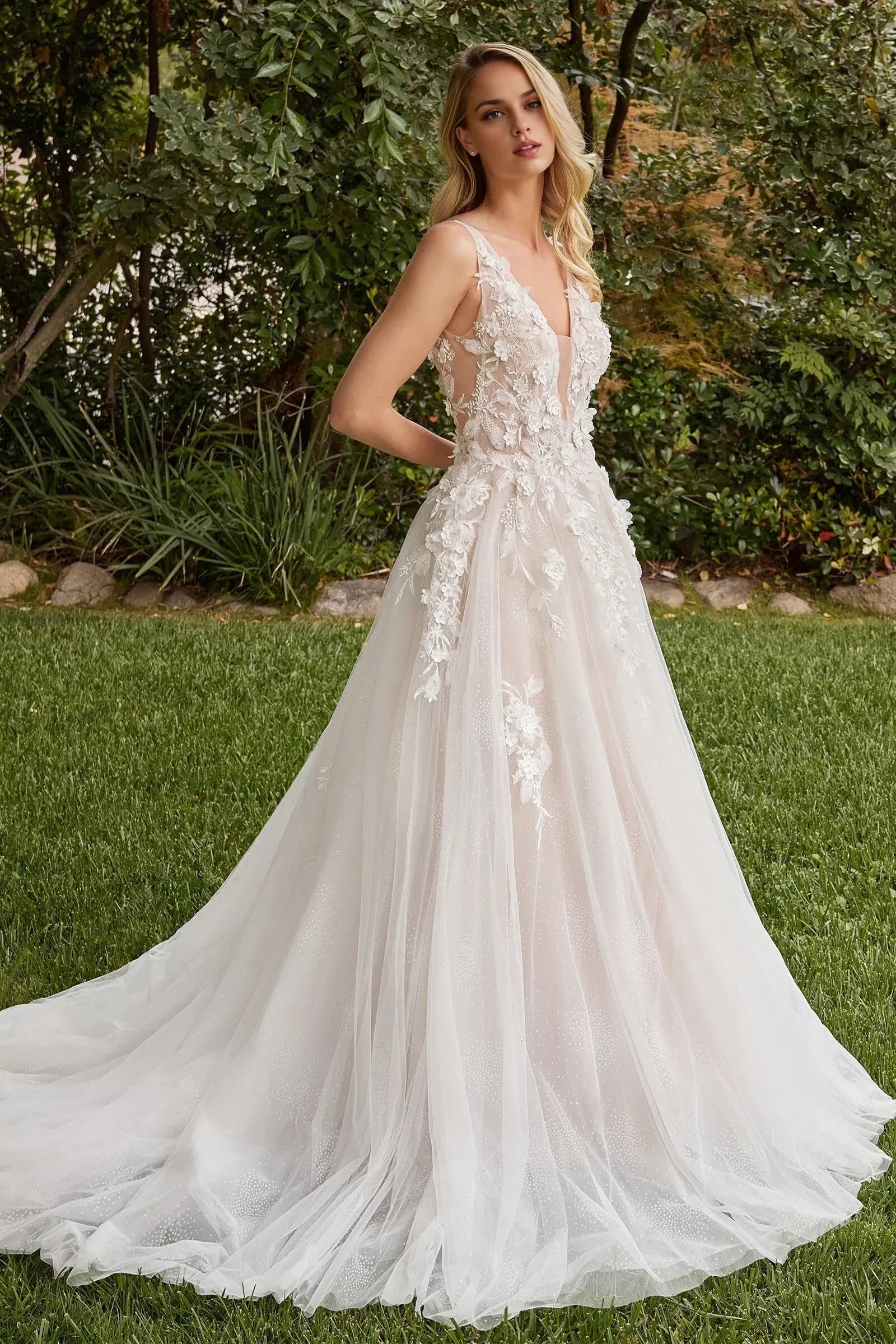 Enchanting A Line V Neck Sleeveless Plunging Back Floor Length Wedding Dress