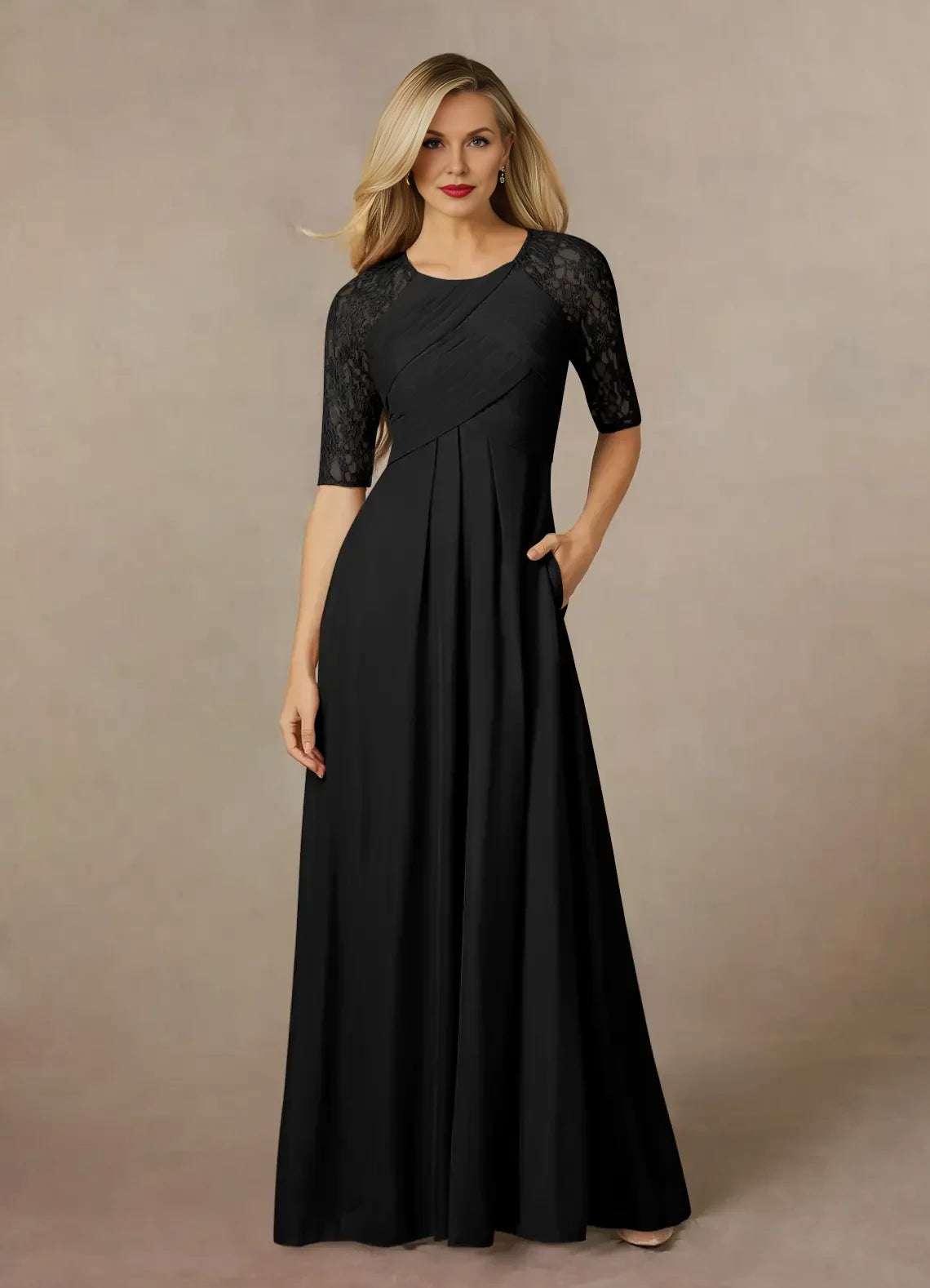Graceful A Line Crew Neck Three Quarter Lace Sleeve Ruched Back Floor Length Mother of the Bride Dress