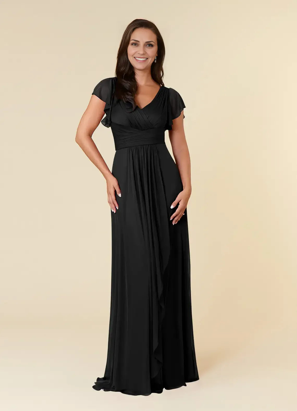 Graceful A Line V Neck Flutter Sleeve Ruched Back Floor Length Mother of the Bride Dress