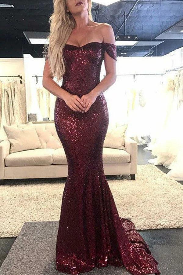 off-the-Shoulder Burgundy Sequins Prom Dress Mermaid Simple gentle atmospheric and unique design