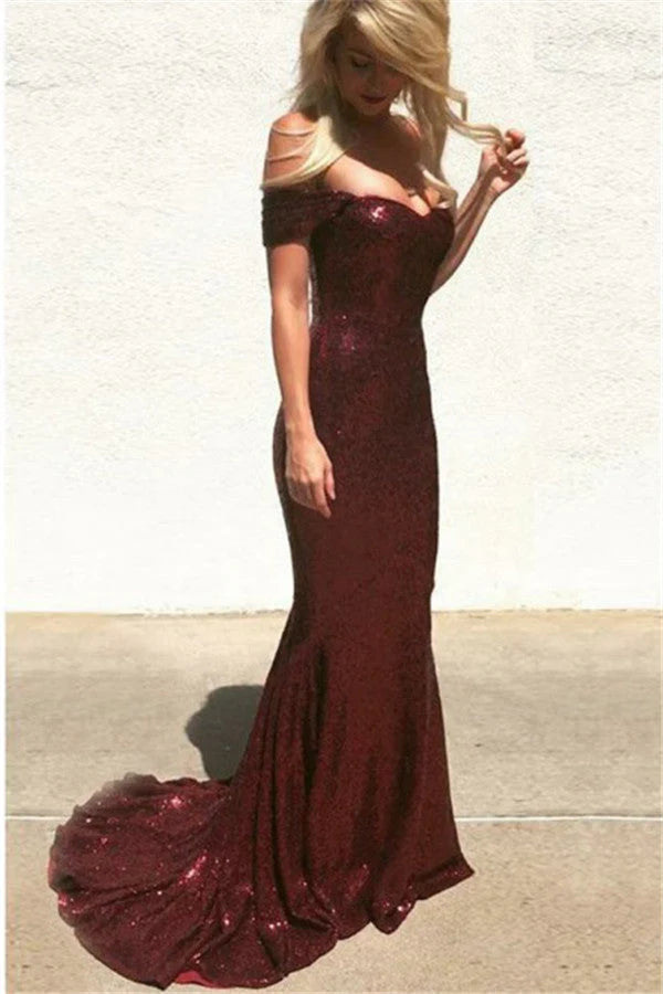 off-the-Shoulder Burgundy Sequins Prom Dress Mermaid Simple gentle atmospheric and unique design