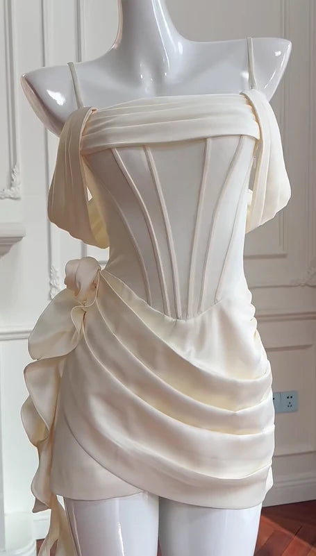 preppydressess -Beige fishbone suspenders sweet simple short satin homecoming dress birthday party dress Prom dress simple gentle atmospheric and unique desi Bring summer colors to enhance whiteness ﻿